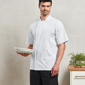 Studded front short sleeve chef's jacket